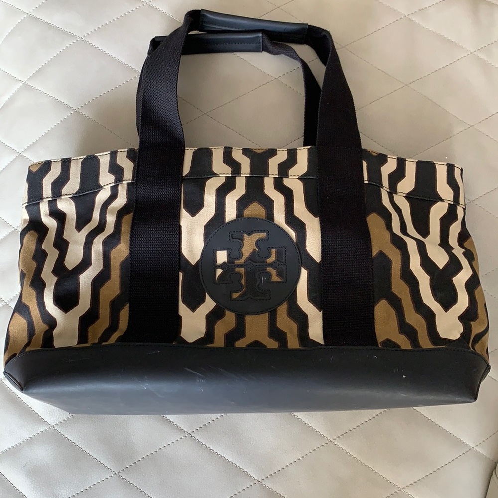 Tory Burch Ella Tote  Exotic animal print in Black/Brown/Cream, large Logo